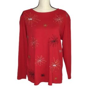 Karen Scott Petites Red Y2K Fireworks Embroidered Beads Crewneck Sweater PL NWT